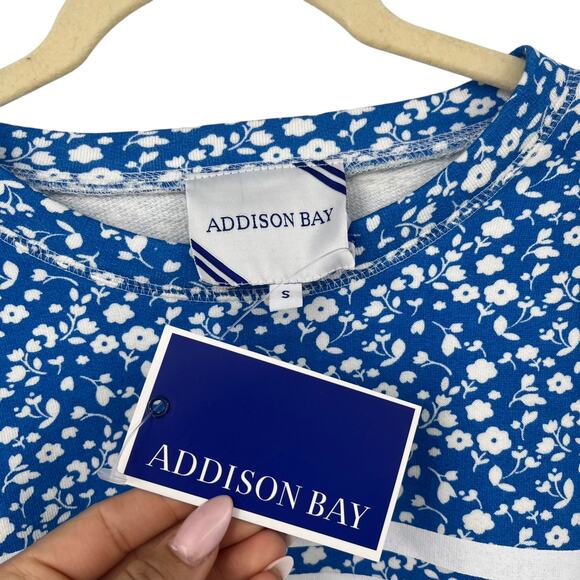 ADDISON BAY Lombard Crew Neck Pullover Top Courtside Blue Floral Cotton Sm NEW - Picture 11 of 14